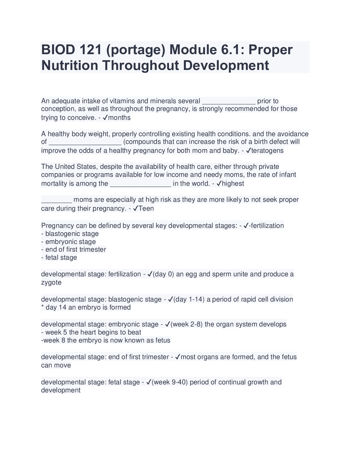 Preview image for BIOD 121 (portage) Module 6.1: Proper Nutrition Throughout Development (Latest 2023/2024) Verified Answers